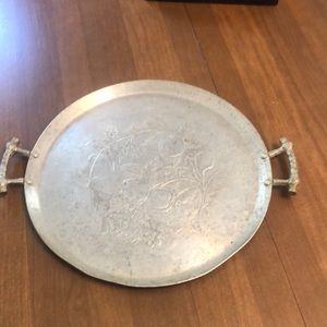 Vintage aluminum serving tray with cherries or apples with flowers and greenery.